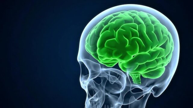 3D medical animation showing a green highlighted human brain inside a transparent skull for neurology and science research