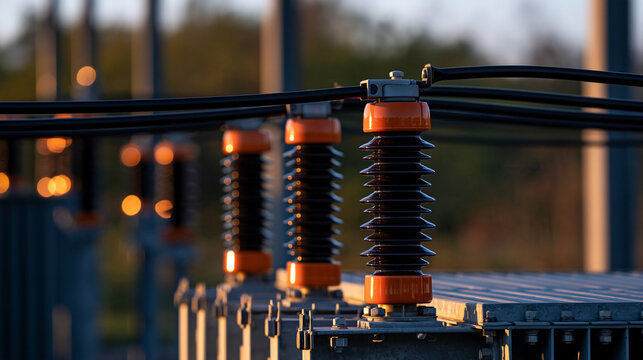 Elegant photo of High-voltage insulators at an electrical substation glowing in the sunset. Ideal for energy grid infrastructure and power supply concepts.