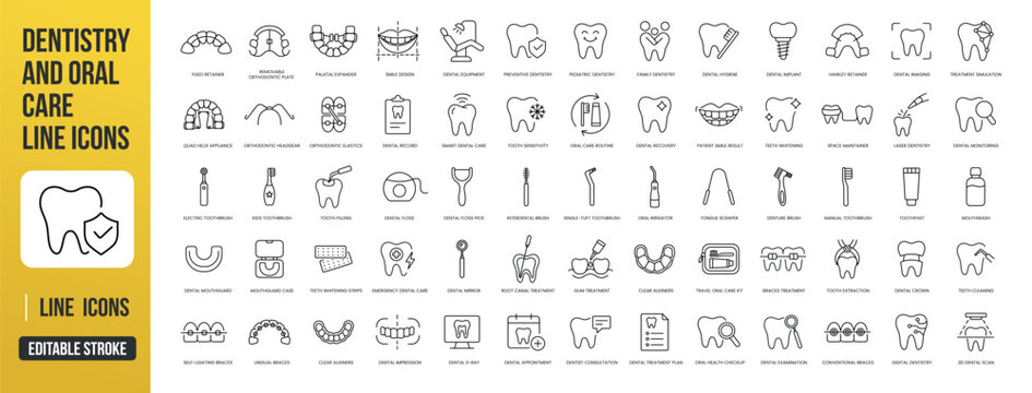 Dentistry and oral care line icons with editable stroke