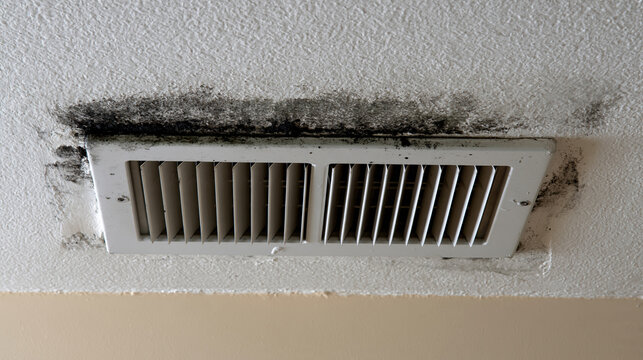 Elegant photo of Black mold growing around a white ceiling AC vent in a home. Ideal for home inspection and indoor air quality services.