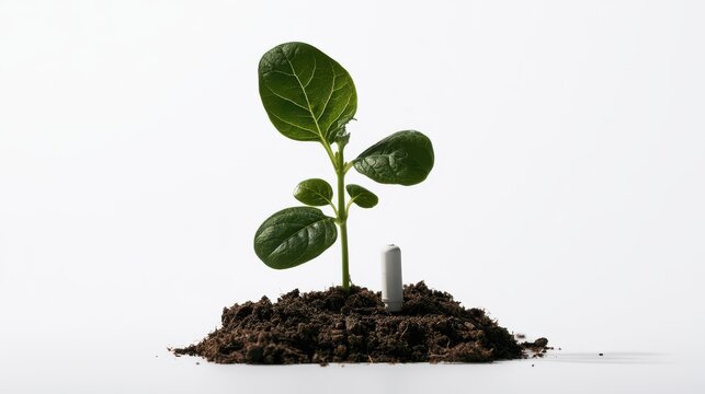 Young plant growing from soil with embedded sensor device