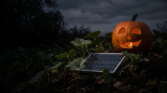 Solar panel with glowing jack o lantern in Halloween field