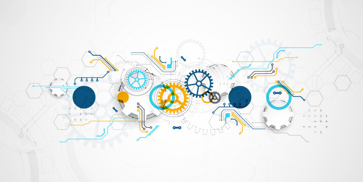 Abstract technology background with colorful gears, circuit board elements, geometric circles, and futuristic mechanism concept. Vector.