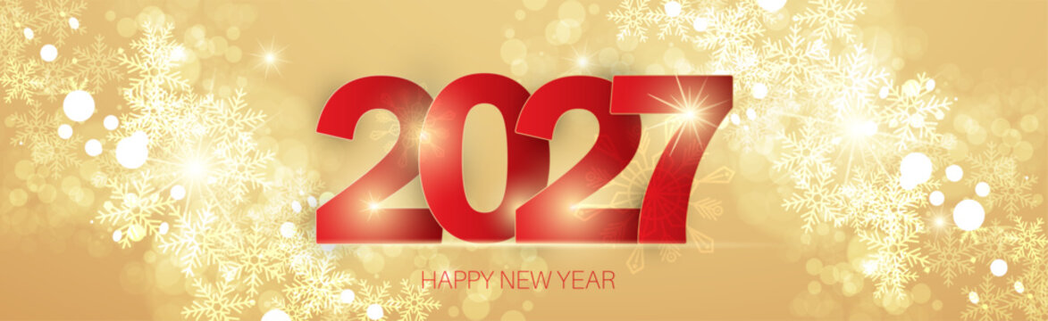 2027 Happy New Year background with golden snowflakes.