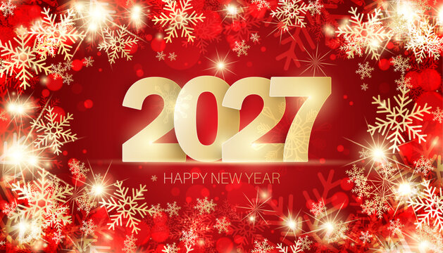 2027 Happy New Year background with golden snowflakes.