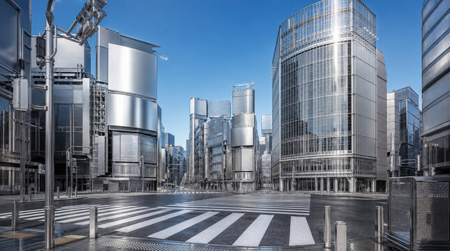 メタリックな高層ビル群に変化した東京・渋谷スクランブル交差点
Tokyo Shibuya Crossing transformed into a futuristic metallic city