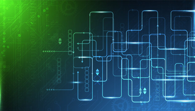 Abstract technology background with glowing electronic circuit board and data flow network