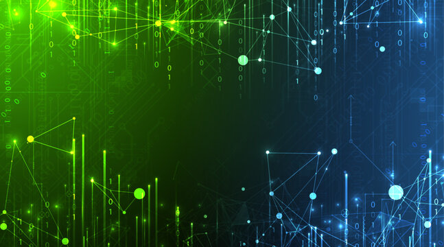 Abstract futuristic technology background with digital network nodes and binary data stream