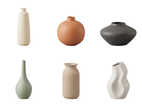 Collection of six diverse ceramic vases in various shapes, colors, and textures for home decor arrangements isolated on a transparent background
