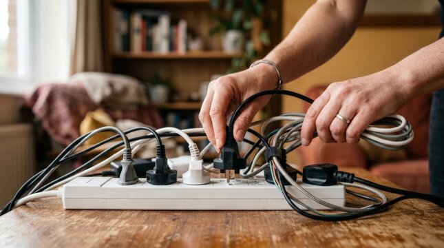 A person holds a power strip and an electrical plug, getting ready to become completely unplugged while organizing the messy tangled cords on a wooden table at home
