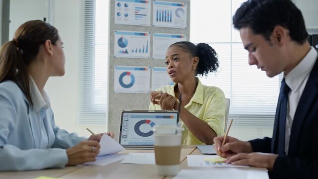 Business team meeting brainstorming ideas,data trend and analyzing stock market charts on tablet,colleagues working together planning success strategy enjoy in modern office.statistics success concept