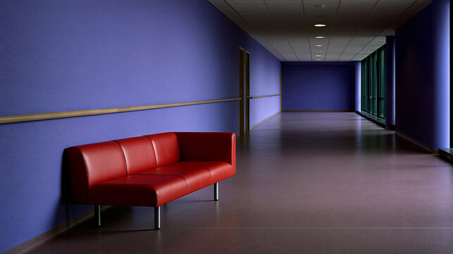 Elegant photo of A vibrant red leather sofa sits in an empty modern corridor with purple walls. Ideal for corporate office design and waiting area concept ads.