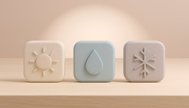 3d icons representing sun, water drop, and snowflake