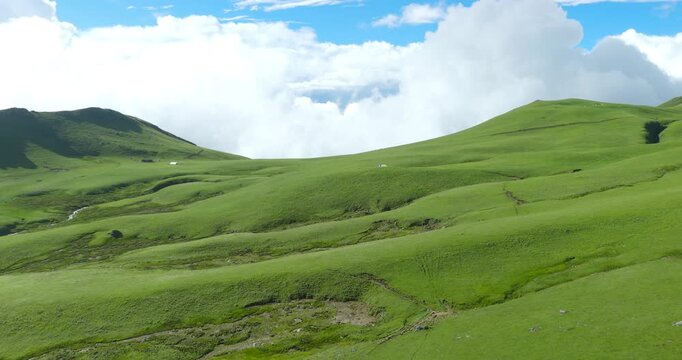 Badimalika region, Bajura, Nepal, aerial gliding shot over vibrant green alpine grasslands and rolling hills beneath fluffy white clouds in Triveni Patan.