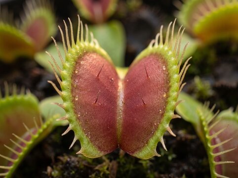 Macro of a Venus flytrap open trap with trigger hairs and red interior, close-up of carnivorous plant jaws