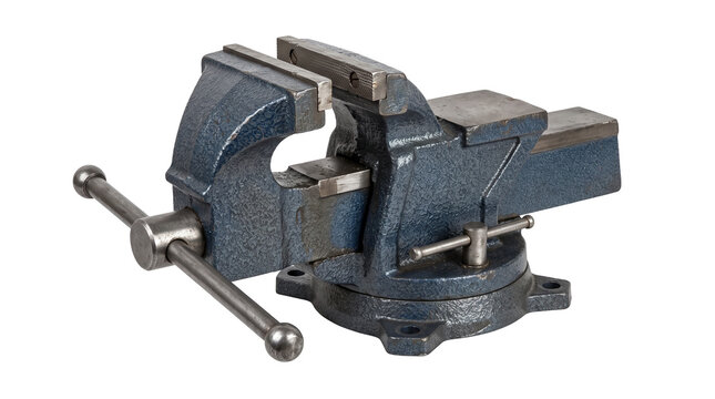 Cast iron bench vise tool isolated on transparent background for industrial workshop and metalworking projects