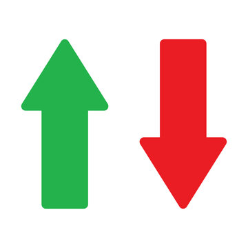 Green upward and red downward pointing solid arrow icons isolated on a white background vector illustration. Abstract flat graphic design for financial market stock exchange profit and loss trends.