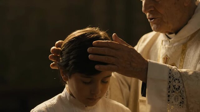 Catholic priest blessing: first communion, sacred rite, clerical robe, child head, solemn prayer, holy sacrament, church ritual, devout believer, divine grace.