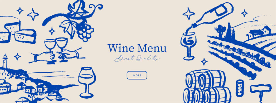 Wine sketch frame, crayon hand drawn background. Doodle wine poster, menu design concept. Vector sketch line art illustration. Mediterranean food and drink banner.