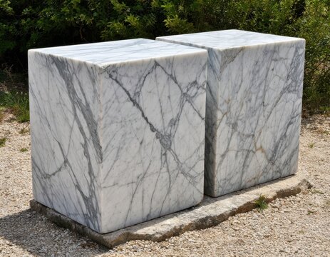 Two veined white marble cubes positioned outdoors on concrete slabs beside gravel and green shrubs in natural sunlight, architectural stone objects