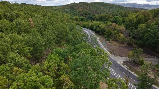 A dense green forest blankets rolling hills, a winding road dissects the tranquil natural landscape under cloudy skies.