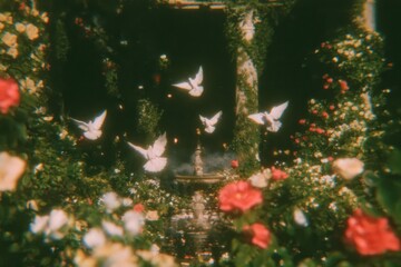Fototapeta premium Dreamy garden path with white doves, roses, and soft bokeh