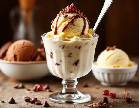 Layered ice cream sundae with chocolate pieces, fruit topping, spoon, and scoops in bowls on a rustic tabletop dessert still life