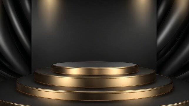 Luxury black and gold podium pedestal stage display mockup with dramatic spotlight illumination for product presentation