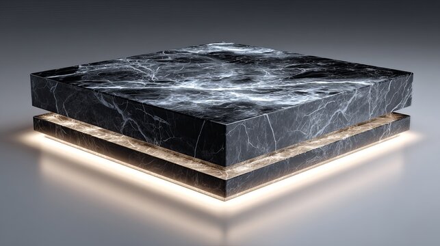 Black marble square podium featuring glowing golden light undercuts designed for elegant product showcase displays