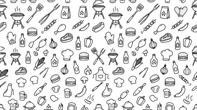 Seamless Barbecue Grill and BBQ Icon Pattern