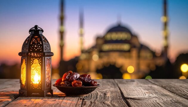 Ramadan lantern on wooden table outdoors.