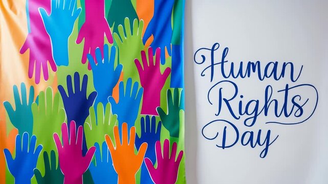 Colorful poster with colored hands of people for the International Human Rights Day AI Generative
