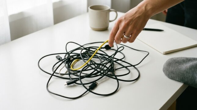 Hands Untangling Tangled Black Wires on Clean White Desk