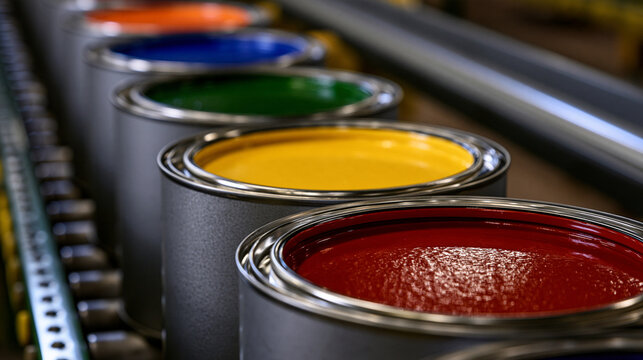 Elegant photo of Vibrant open paint cans move along an industrial conveyor belt. Perfect for manufacturing and home renovation concepts.