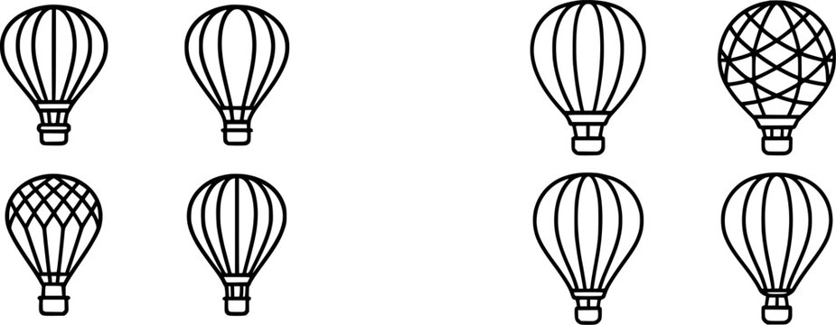 A series of black hot air balloons float against a stark white background, creating an intriguing visual contrast