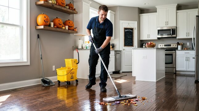 Professional cleaner mopping a wooden floor in a kitchen. Post-holiday cleanup service in a home