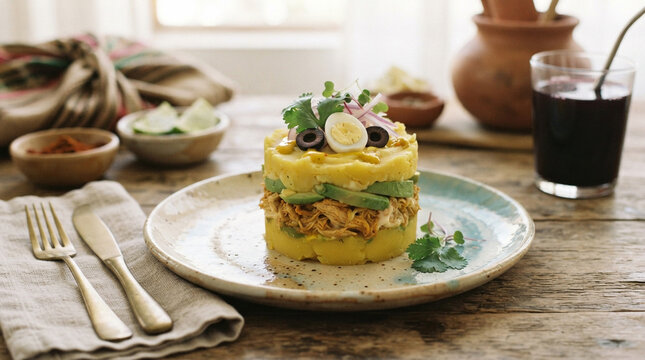 traditional peruvian causa appetizer served with quail egg and olives