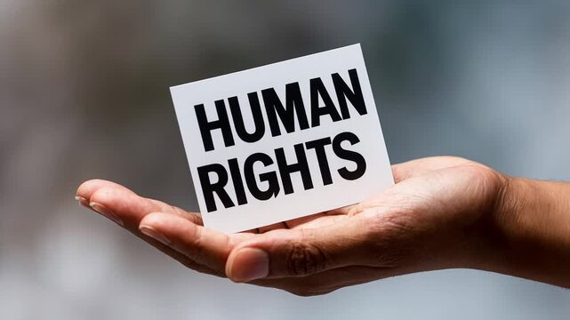 Postcard International Human Rights Day, person holds poster in hand with inscription AI Generative