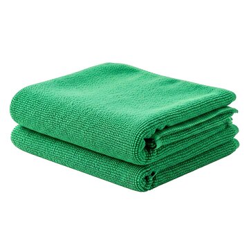 Stack of two bright green microfiber cleaning cloths folded neatly isolated on white background