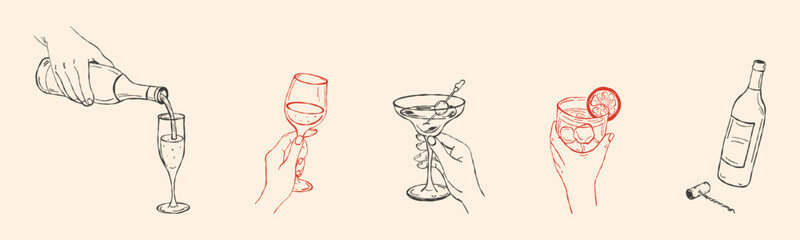 Fototapeta premium Hands holding glasses with wine, champagne for New Year toast. Celebration, beverages party, social gathering, anniversary or holiday moment. Vector doodle hand drawn illustration.