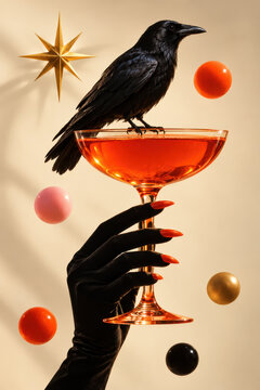 Black crow perched on a coupe of orange cocktail held by a gloved hand, gold star and spheres on a pale ground. Gothic Halloween cocktail party and spooky glamour drink