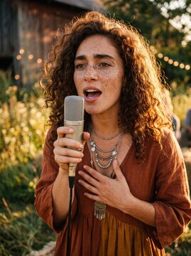 Giovane donna cantante che si esibisce con un microfono durante un concerto dal vivo in un contesto naturale suggestivo