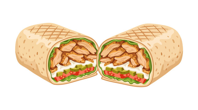 Fresh sliced chicken shawarma wrap with grilled meat vegetables and creamy sauce
