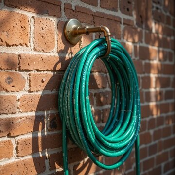 Coiled green garden hose hanging on a brass wall hook next to a sunlit brick wall
