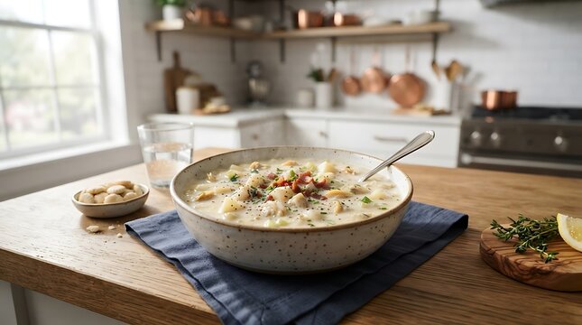 Creamy Clam Chowder in a Bowl with Crackers and Spoon