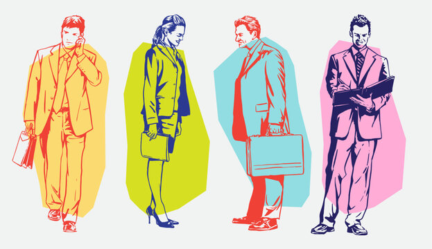 Business Professionals Hand Drawn Retro Illustration Set