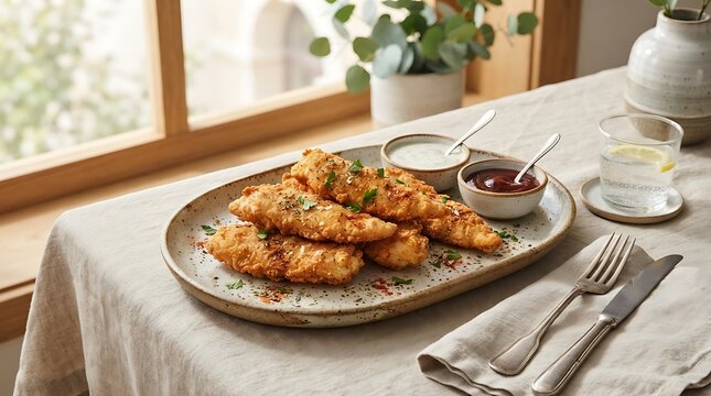 Crispy Breaded Fish Fingers with Dips and Garnish fried fish