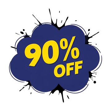Yellow ninety percent off text inside a dark blue cloud shape with ink splash effects