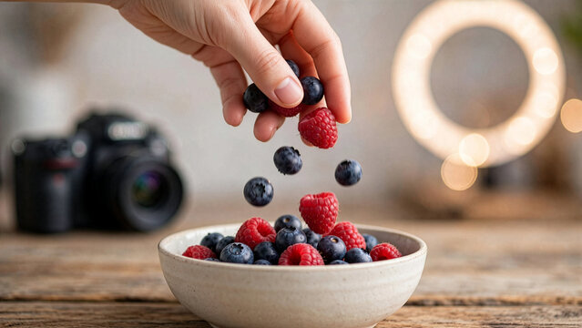 A content creator's hand drops fresh raspberries and blueberries into a ceramic bowl on a wooden table, with a camera and ringlight background.