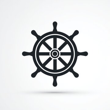 Flat minimal ship helm wheel icon in dark charcoal on white background, nautical sailing and navigation symbol with eight spokes and handles